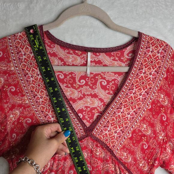 Free People XS Luna Scarf Lacey Print Exaggerated BellSleeve Boho Red Mini Dress - Picture 8 of 16